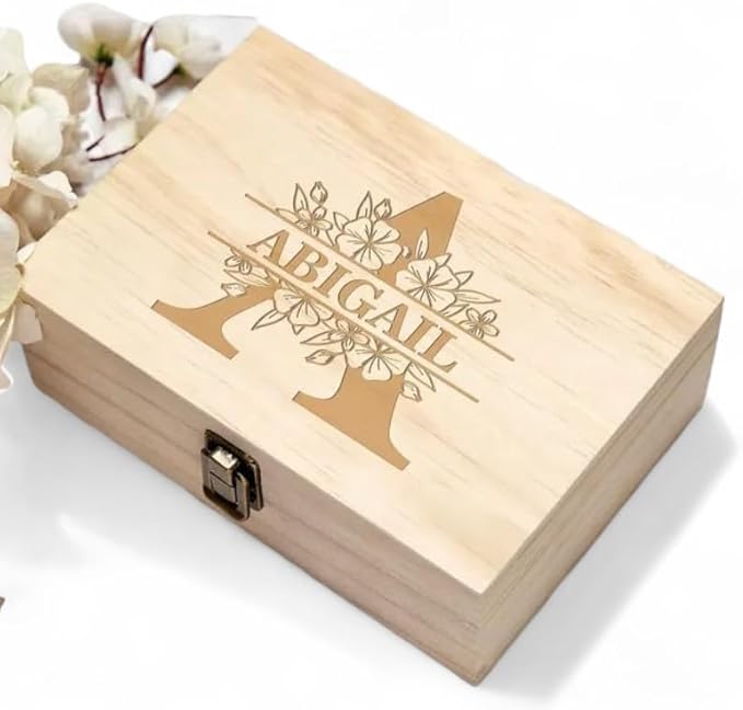 Personalized Monogrammed Wooden Keepsake Box Custom Engraved Memory Box with Initials Rustic Storage Box - Customized Gifts for Wedding Anniversary Thanksgiving Retirement Bridesmaid Groomsman Gift