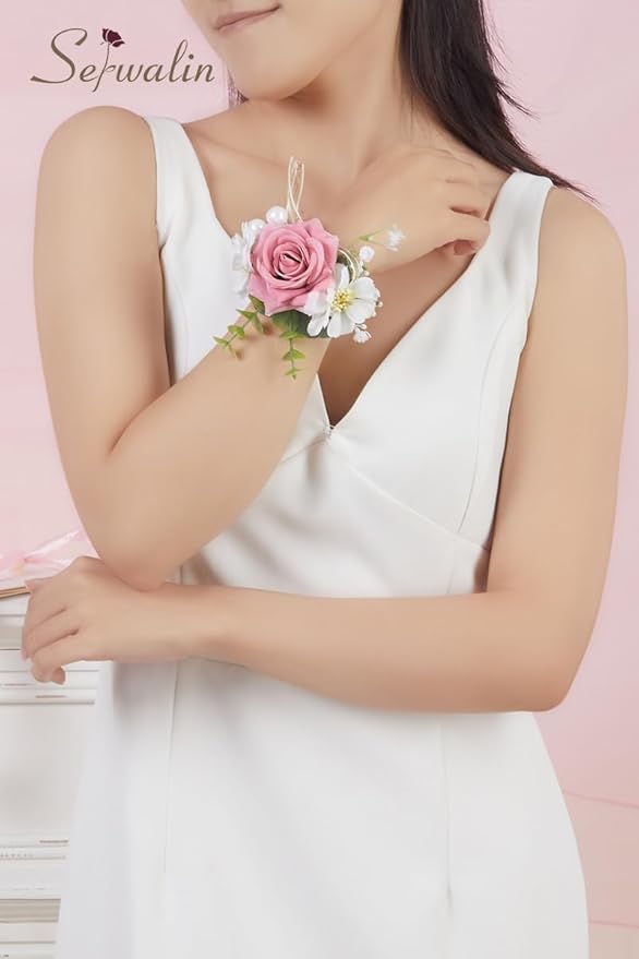 Serwalin 6 PCS Pink Rose Wrist Corsages for Wedding, Corsages for Prom Homecoming Party Corsage Hand Decor for Bride Bridesmaids, Mother of Bride and Groom