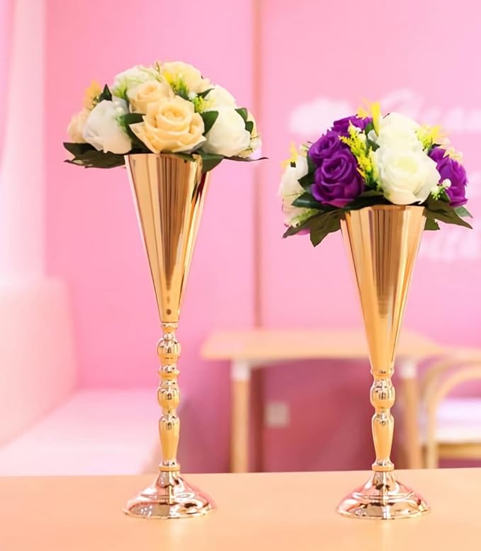 2 Pcs Tabletop Decoration Centerpiece, 16.7in Metal Wedding Flowers Gold Vase, Christmas Anniversary Birthday Party Home Decoration Flower Arrangement