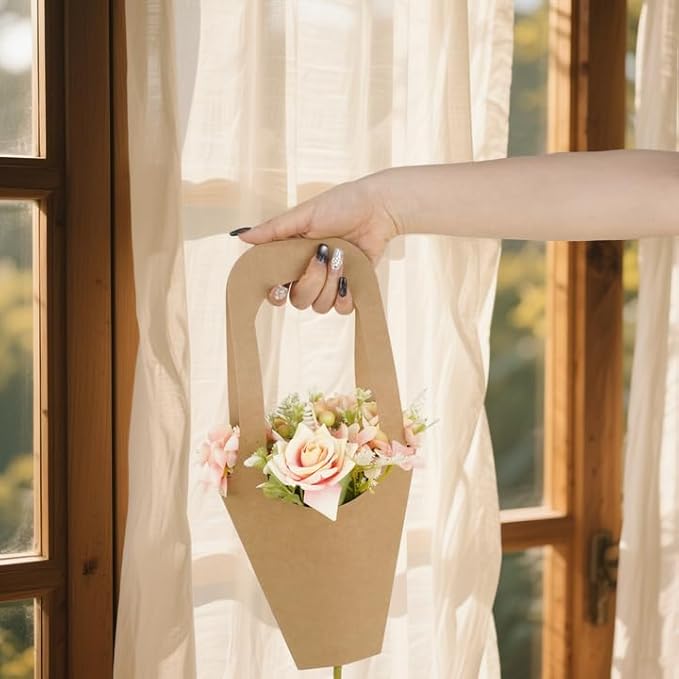 Jeqqinuz 50 PCS Flower Bags for Bouquets, Kraft Paper Gift Bags with Handle, Floral Wrapping Paper for Bouquet Packaging, Wedding Graduation Party Favors, Brown Cone Sleeves Home Decoration