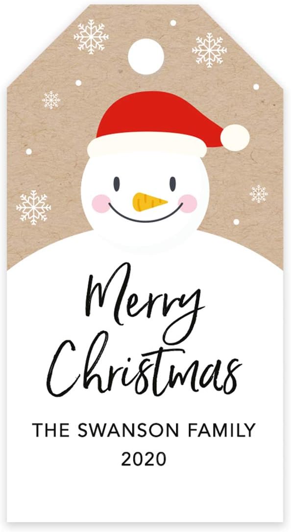 Andaz Press Personalized Christmas Holiday Season Classic Gift Tags, Merry Christmas Custom Family Name and Year, Happy Snowman with Santa Hat Design, for Holiday Events, Parties, and Favors, 60-Pack