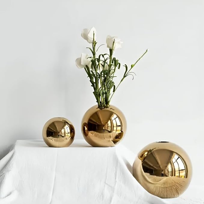 Ceramic Flower Vase for Home Decor – Round Ball Vase for Table, Shelf, Living Room Centrepiece | Modern Decorative Item for Home Office Decor (Gold) (Large)