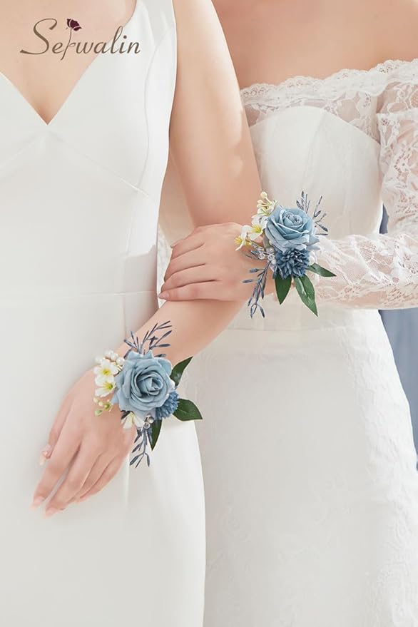 Serwalin 6 PCS Wrist Corsages for Wedding, Girl/Mother Bride Bridesmaids Corsages Wristlet Decor for Prom Wedding Anniversary Homecoming (Blue & Dusty Blue)