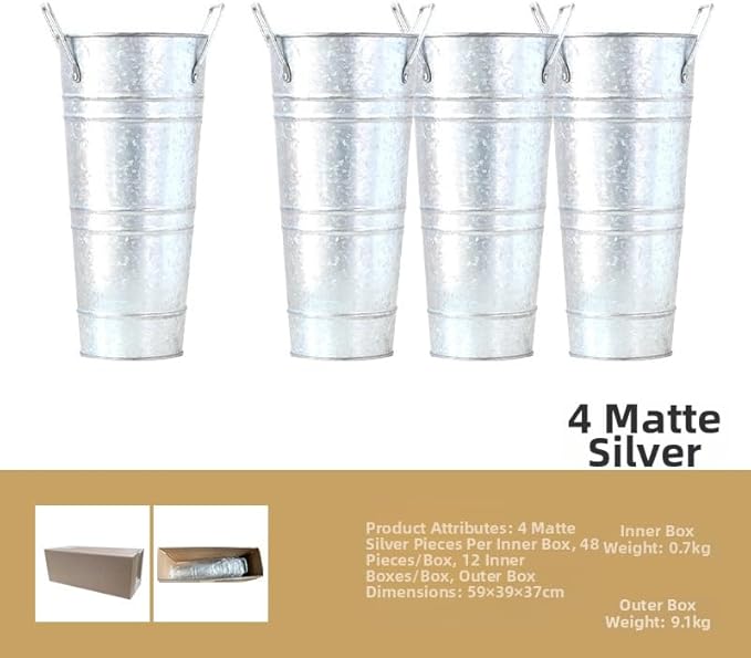 4pcs 10inch Small Galvanized Flower Bucket,Small Metal Vases for Flowers,Metal Vase,Flower Vases for Bouquet,Flower Buckets for Flower Bar Supplies (Silver,10inch Height,Set of4)