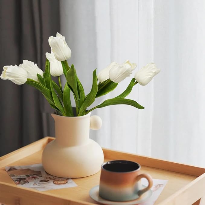 Melorca&Guilla Artificial Flowers,24Pcs 13.5inch White Tulips Fake Flowers,Real Touch Faux Flowers,Spring Décor Fake Tulips for Wedding Kitchen Shop Office Home Décor (24, White Tulip)