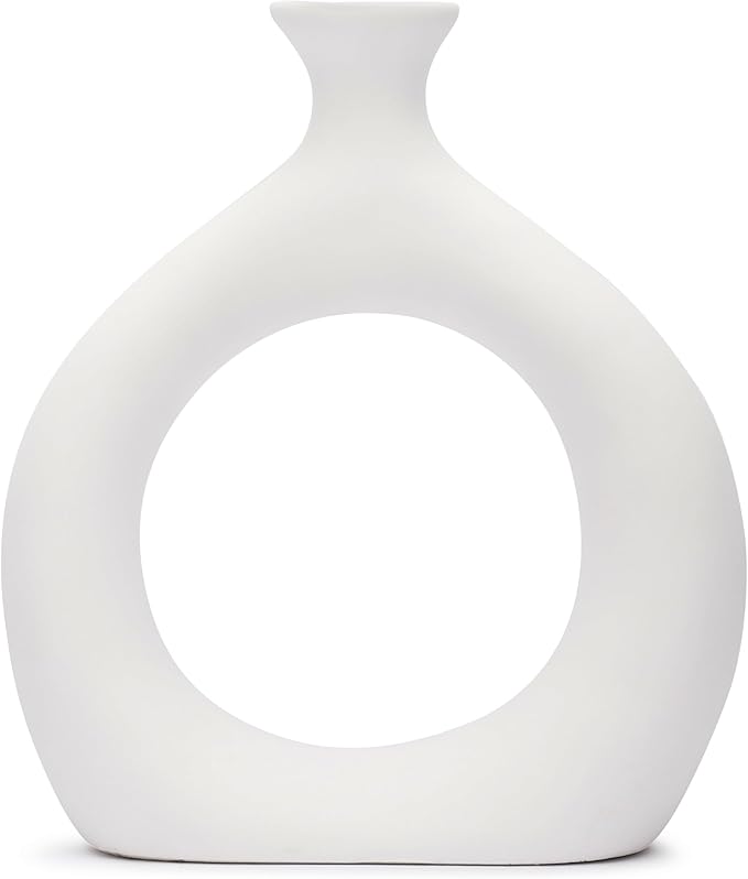 Ajuny Donut Vase Set of 2 – White Ceramic Modern Vases for Flowers, Pampas Grass, Centerpieces | Boho Table Decor for Living Room, Wedding, Kitchen, TV Stand, Office, Shelf, Mantle