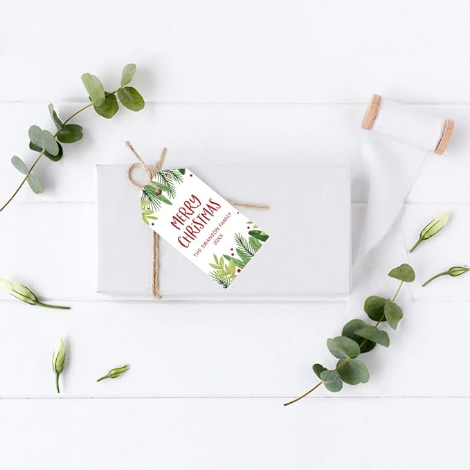 Andaz Press Personalized Christmas Holiday Season Classic Gift Tags, Merry Christmas Custom Family Name and Year, Holly and Berry Branches Design, for Holiday Events, Parties, and Favors, 60-Pack