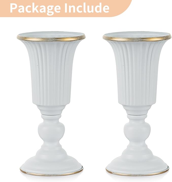 Nuptio 2 Pcs Flowered Metal Trumpet Vase Elegant Wedding Centerpieces Vase for Wedding Party Decoration, 23.2cm Tall Artificial Flower Arrangements for Anniversary Ceremony, White