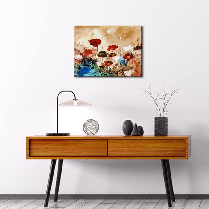 Wieco Art Blooming Poppies Canvas Prints Wall Art Colorful Flowers Pictures Paintings for Living Room Bedroom Bathroom Home Decorations Modern Stretched and Framed Pretty Floral Giclee Artwork