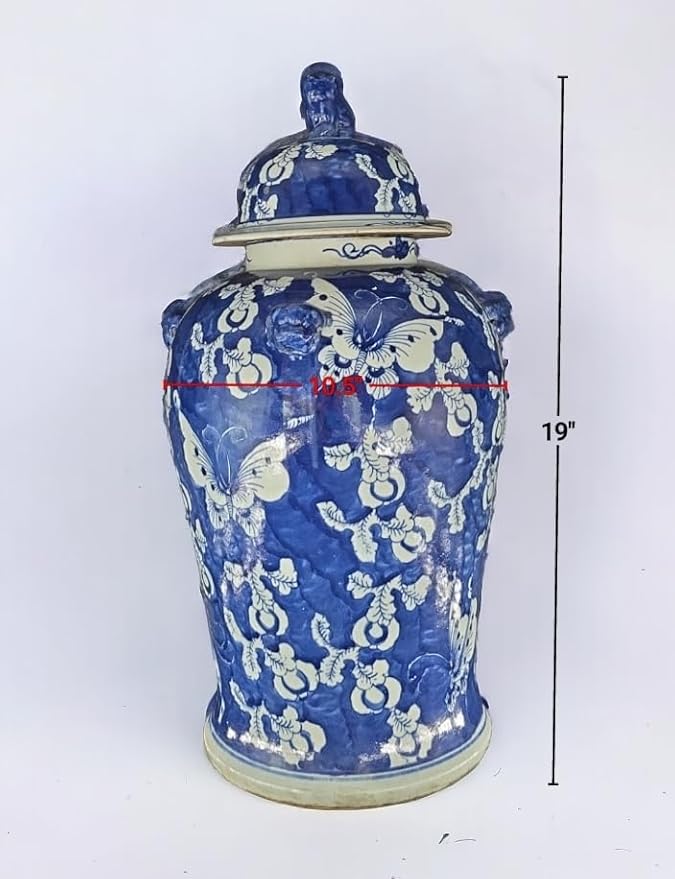 19" Antique Like Finish Blue and White Ginger Jars Porcelain Temple Ceramic Ginger Jar Vase, Blue Butterfly China Ming Style, Jingdezhen(L1)