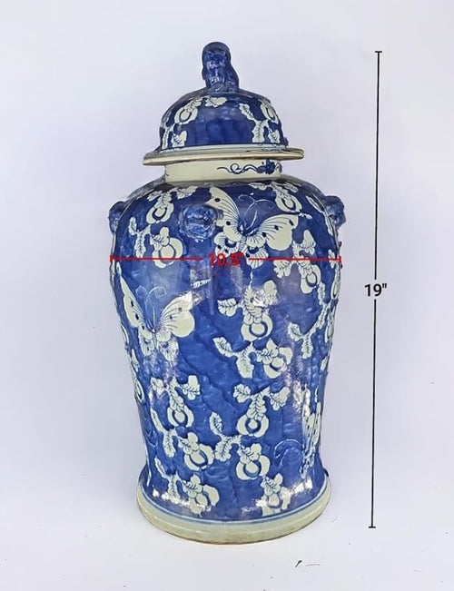 19" Antique Like Finish Blue and White Ginger Jars Porcelain Temple Ceramic Ginger Jar Vase, Blue Butterfly China Ming Style, Jingdezhen(L1)