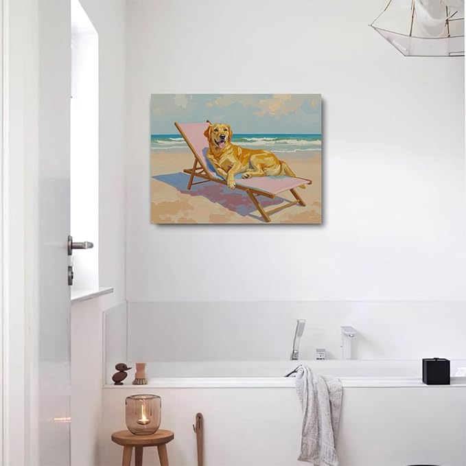 Pink Beach Chair Dog Decor Beach House Wall Decor Canvas Wall Art Framed Art Prints Artwork Posters for Home Living Room Bathroom Dog Mom Room Wall Decorations Paintings Pictures 14.5X11.5 Inch