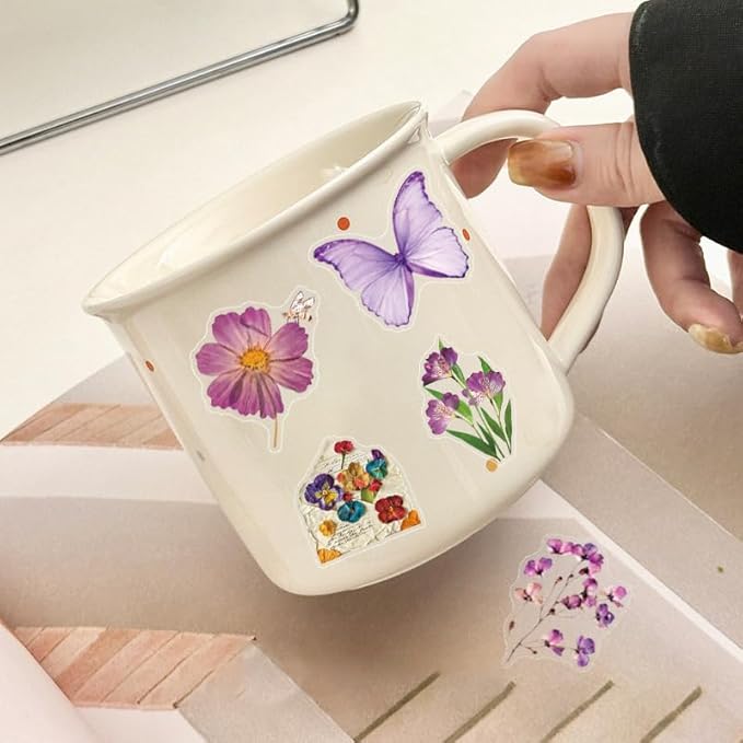 Transparent Aesthetic Purple Flowers Stickers 50 PCS, Waterproof Vinyl Decals for Tumblr, Water Bottles, Laptops, Journals, Scrapbooking, Cute Decorative Stickers for Teens, Girls & Adults
