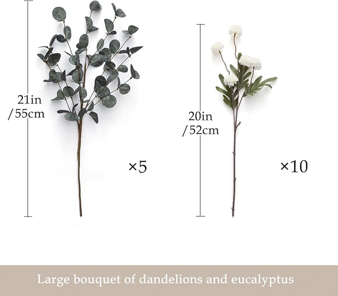 Laelfe 10 Kiku Artificial Flowers + 5 Large Eucalyptus Branches, Silk Fake White Flowers Pompon Mums (Ball Flower Stems) - Decor for Home, Wedding Filler, Centerpieces & Shower Arrangements