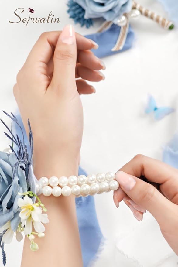 Serwalin Corsage and Boutonniere Set, Boutonniere and Wrist Corsage Wristlet Prom Homecoming Wedding Flowers Accessories Prom Suit Decorations (Blue & Dusty Blue)