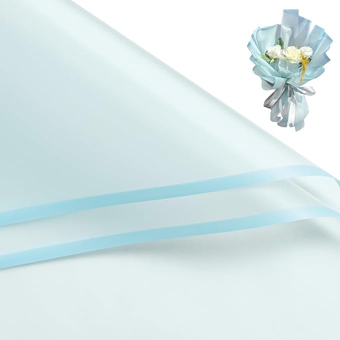 WRAPAHOLIC 20 Sheets Flower Wrapping Paper - 22.4 x 22.4 inch Light Blue Border Water-Resistant Floral Bouquet Wrapping Paper, Florist Supplies Packaging Paper for Wedding Birthday Gift DIY