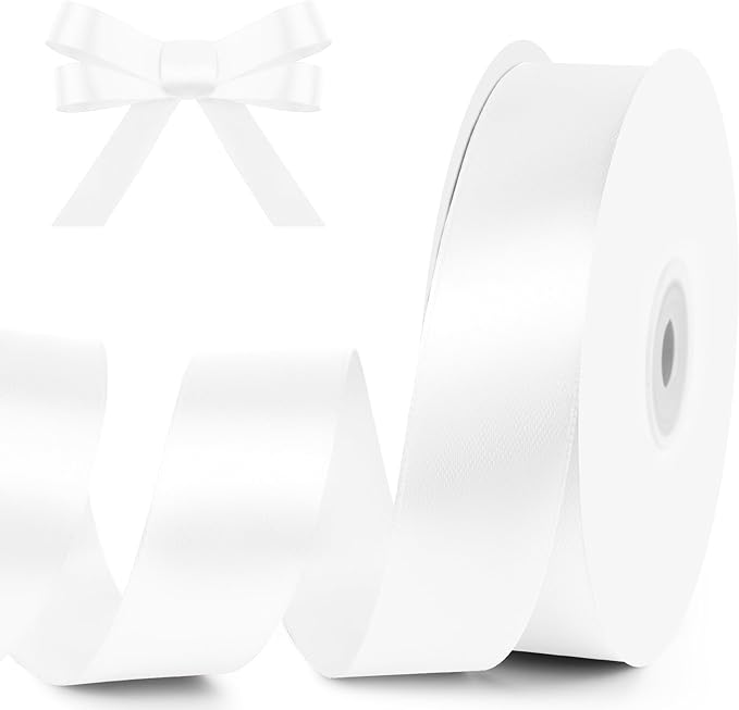 KMER LIFE 1 inch Wide x 50 Yards White Single Faced Polyester Satin Ribbon, White Satin Ribbon Perfect for Wedding Decor, Wreath, Crafts, Gift Wrapping & Other Projects (White)