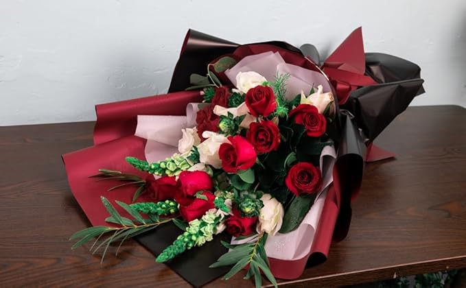 LeZakaa 20 Sheets Flower Wrapping Paper - Waterproof Reversible Floral Bouquet Paper - Black and Burgundy Design for Mother's Day, Parties, Birthdays, Weddings, Graduations, Valentine's Day