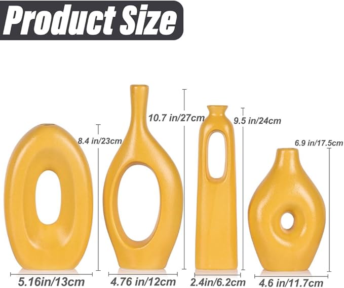 Yellow Vases Home Decor - 4-Piece Round Hollow Boho Yellow Ceramic Vase for Pampas Grass Decor, Modern Small Flower Vases for Living Room, Dining Table, Office, Wedding, Fireplace Decor