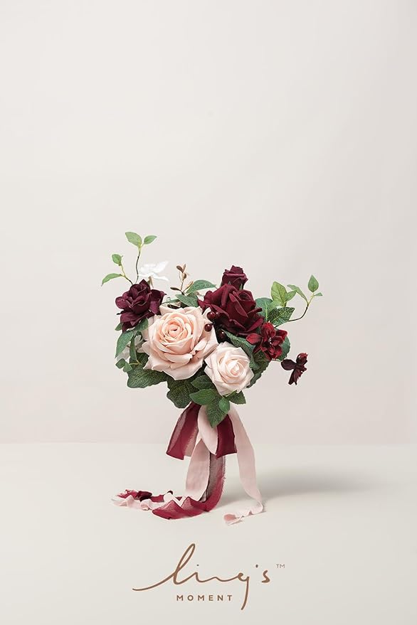 Ling's moment Artificial Flowers Red Bridesmaid Bouquet Set of 6, Red & Blush Wedding Flowers Bouquets for Bridesmaids, 7 Inch Bridal Bouquets for Bridesmaids, Wedding Decor, Anniversary, etc