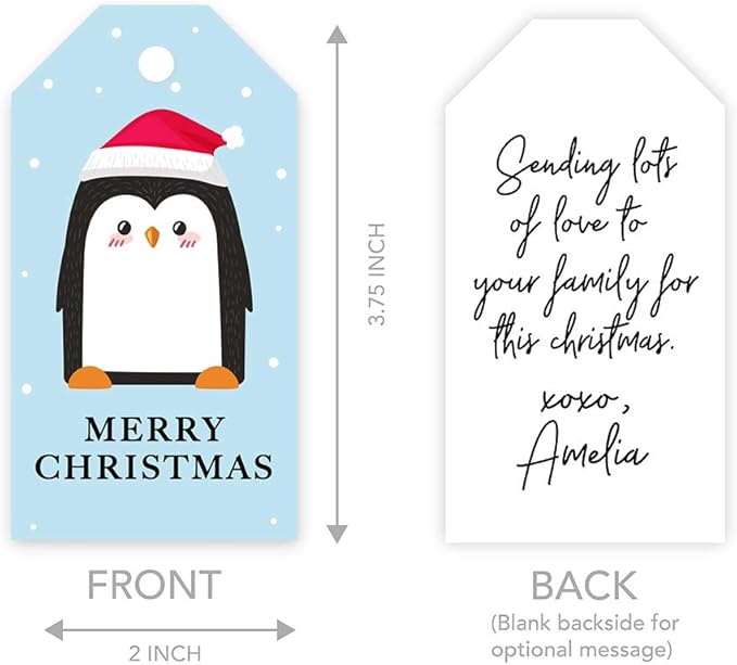 Andaz Press Christmas Holiday Season Classic Gift Tags, Merry Christmas to from Classic Favor Tags, Penguin with Santa Hat Design, for Holiday Events, Parties, and Favors, 60-Pack