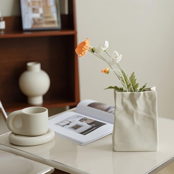 WENSHUO Crinkle Paper Bag Shape Ceramic Vase, Large Capacity for Flower Arrangement, Bookshelf Decorative (Matte Crème)
