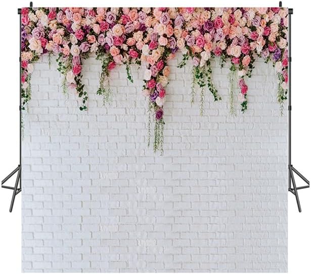 LTLYH 10x10ft White Brick Wall Flowers Background Spring Theme Photography Backdrop for Mother's Day Valentine Wedding Bridal Baby Shower Birthday Party Decor Banner Portrait Photo Booth Prop 134