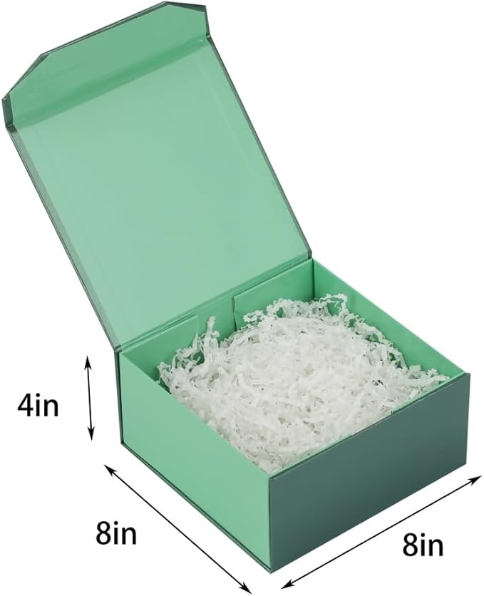 1 Pcs Small Green Gift Box 8x8x4 Inch Magnetic Box with Crinkle Paper Green Small Gift Box with Shredded Paper Luxury Gift Boxes with Lids for Presents