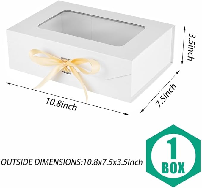 White Gift Box for Presents with Ribbon 10.8x7.5x3.5 Inches Clear Gift Box with Window Magnetic Closure Gift Boxes with Lids