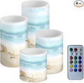 Beach Starfish Seashell Flameless LED Battery Candles 4 Pieces Pillar Fake Candles with Colored Light 4H 8H Timer Remote for Wedding Beach Party Coastal Room Decor