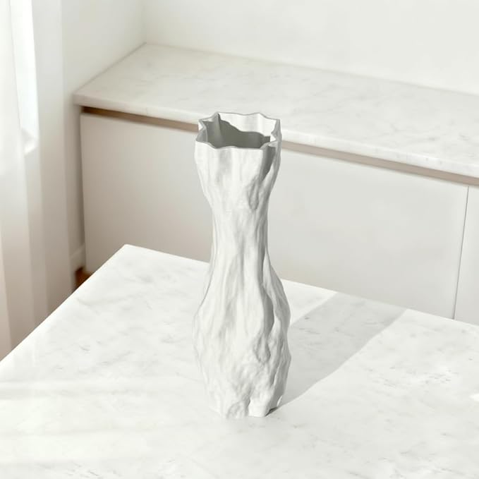 White Sculptural Ceramic Vase, Modern Irregular Shape Decorative Vase for Home Decor, Minimalist Artistic Tabletop Centerpiece for Living Room Bedroom Office