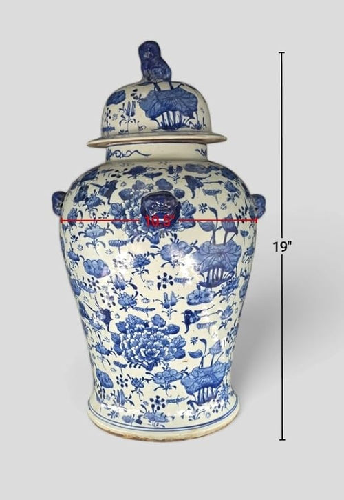 19" Antique Like Finish Blue and White Ginger Jars Porcelain Temple Ceramic Ginger Jar Vase, China Ming Style, Lotus and Flowers Jingdezhen(L5)