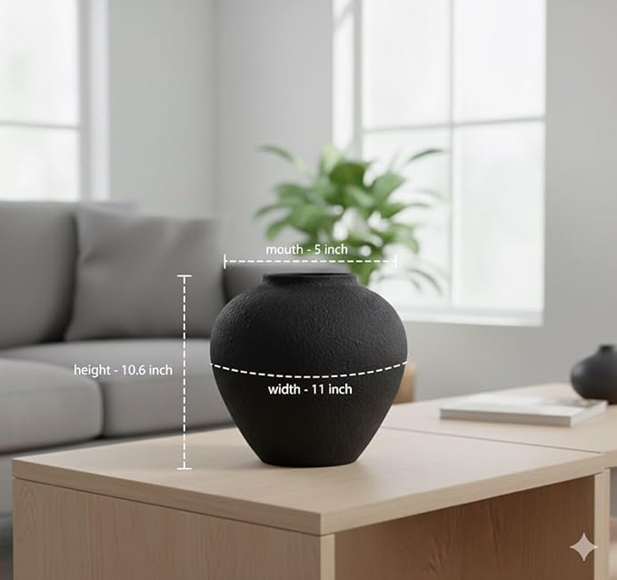 Large Black Round Vase for Flowers & Table Centerpieces - 11 Inch Rustic Textured Earthy Stone Look, Matte Big Decorative Arina Modern Farmhouse Wabi Sabi Decor for Living Room, Dining, Coffee Table