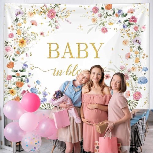 MEHOFOND 7x5ft Wildflower Baby in Bloom Baby Shower Backdrop Decorations, Wildflower Baby Shower Background, Spring Floral Banner Gold Glitter Photography Background Photo Prop 8x6ft