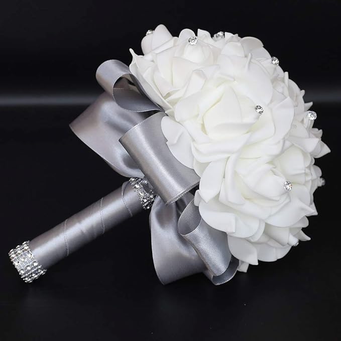 Wedding Bouquet, Silver Bouquet for Bride Bridesmaid with Diamond Soft Ribbons, Artificial Rose Bridal Holding Flowers for Party Church
