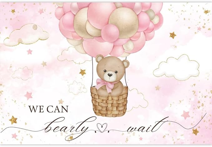 ChloropLastid We Can Bearly Wait Baby Backdrop Girl Bear Hot Air Balloon Baby Shower Photography Background Pink Balloons Clouds Stars Baby Party Cake Photo Decoration 12x8ft