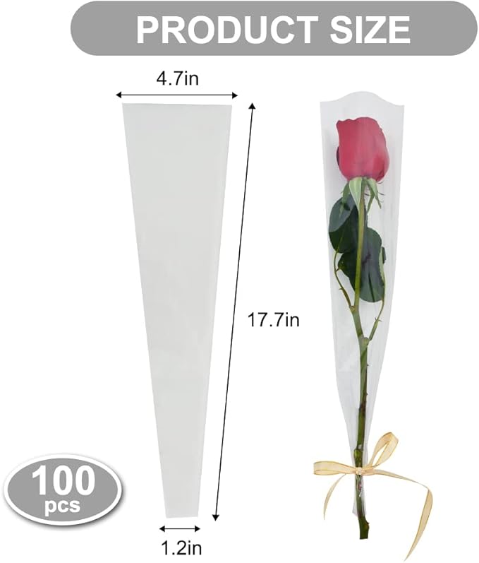 BEISHIDA 100 PCS Single Rose Sleeve Bouquet Bags Plastic Single Flower Wrapping Rose Packaging For Mother's Day Graduation Wedding Birthday Valentine's Day Party (Transparent)