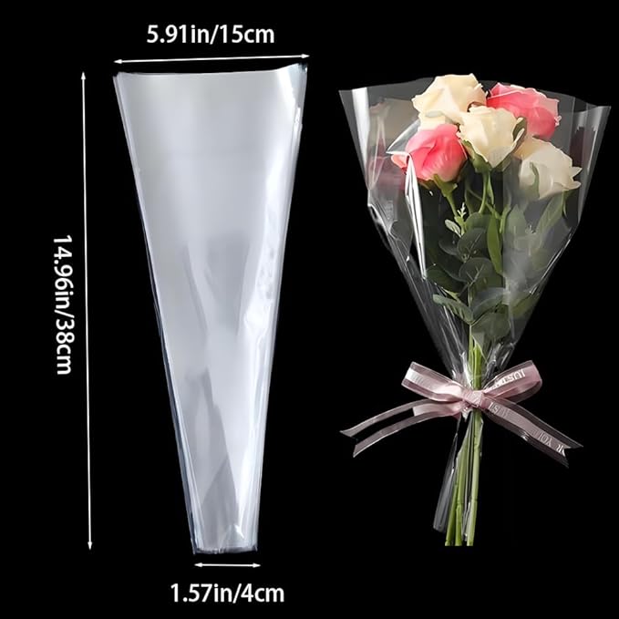 LAYYUK 100 Pcs Clear Plastic Flower Bouquet Sleeve Bags,Transparent Cellophane Rose Packaging Bags Gift Wrap Cellophane for Valentine's Day Gift Packaging