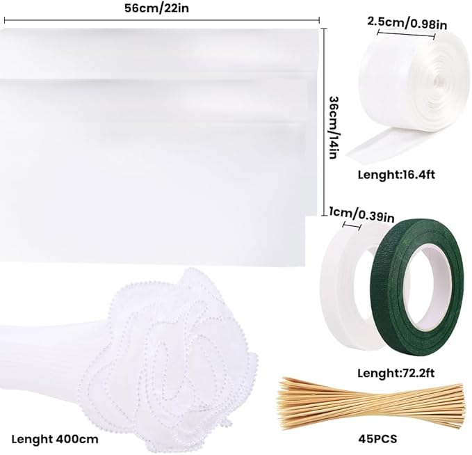 White Flower Wrapping Kit, 20 Sheet DIY Supplies, Bouquet Wrapping Paper, Mesh Paper, Wooden Sticks, Valentine's Day, Mother's Day, Graduation