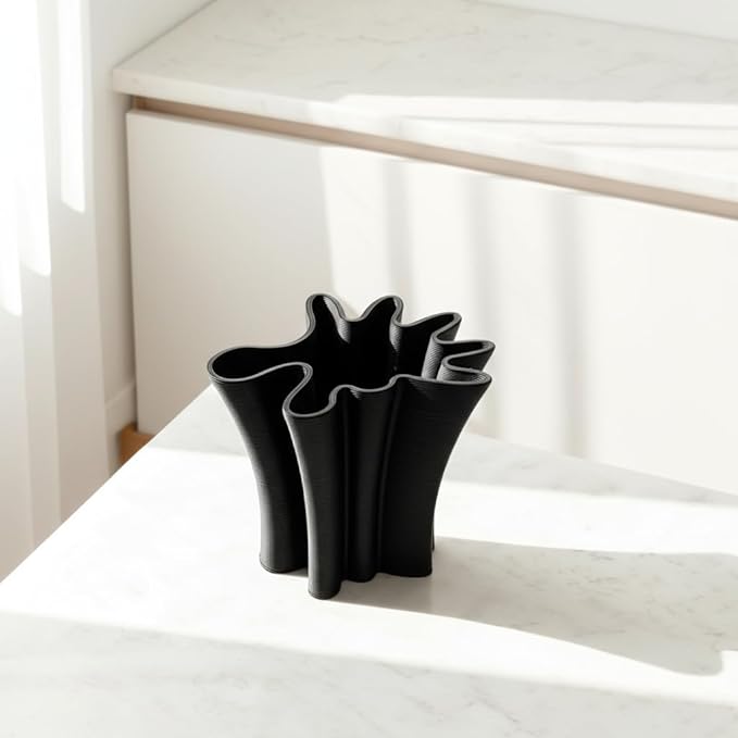 Contemporary Black Ceramic Vase, Abstract Irregular Shape Sculptural Accent for Home Decor, Modern Artistic Centerpiece for Coffee Table or Bookshelf