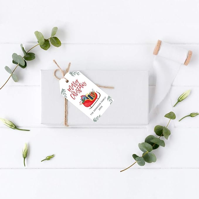 Andaz Press Personalized Christmas Holiday Season Classic Gift Tags, Merry Christmas with Sleigh Presents Design, Custom Family Name and Year, for Holiday Events, Parties, and Favors, 60-Pack