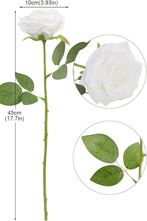Artificial Rose Flower White Flowers White Roses Silk Flowers 12 pcs with Long Stem Silk Roses Bouquet for Wedding Bridal Shower Party Home Decoration