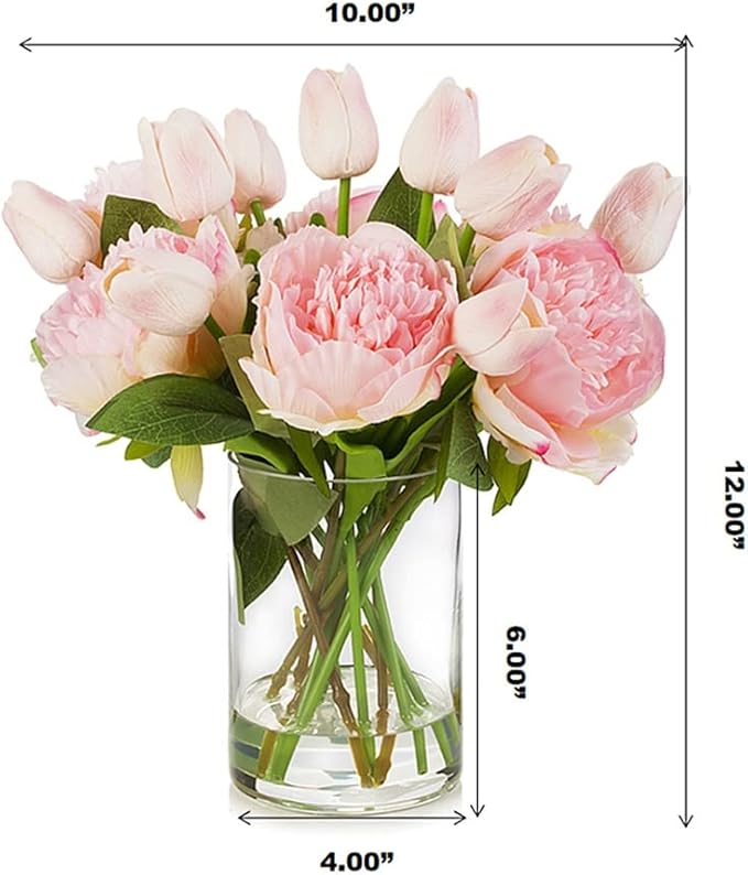 ENOVA FLORAL Artificial Flower Arrangement with Vase, Faux Flower in Vase, Mixed Artificial Real Touch Tulip and Fake Silk Peony Flower in Vase for Decoration Home Office Centerpiece (Pink)