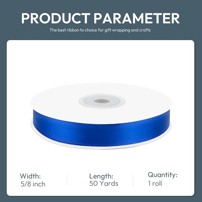 KMER LIFE 5/8" Wide x 50 Yards Royal Blue Satin Ribbon - Perfect for Wedding Decor, Wreaths, Crafts, Gift Wrapping & Other Projects