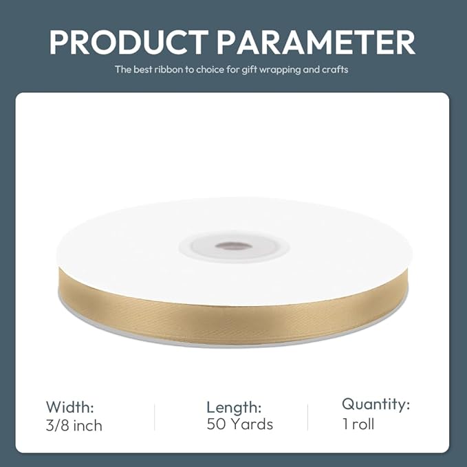 3/8" Wide x 50 Yards Champagne Gold Single Faced Polyester Satin Ribbon for Wedding Decor, Wreath, Crafts, Gift Wrapping & Other Projects