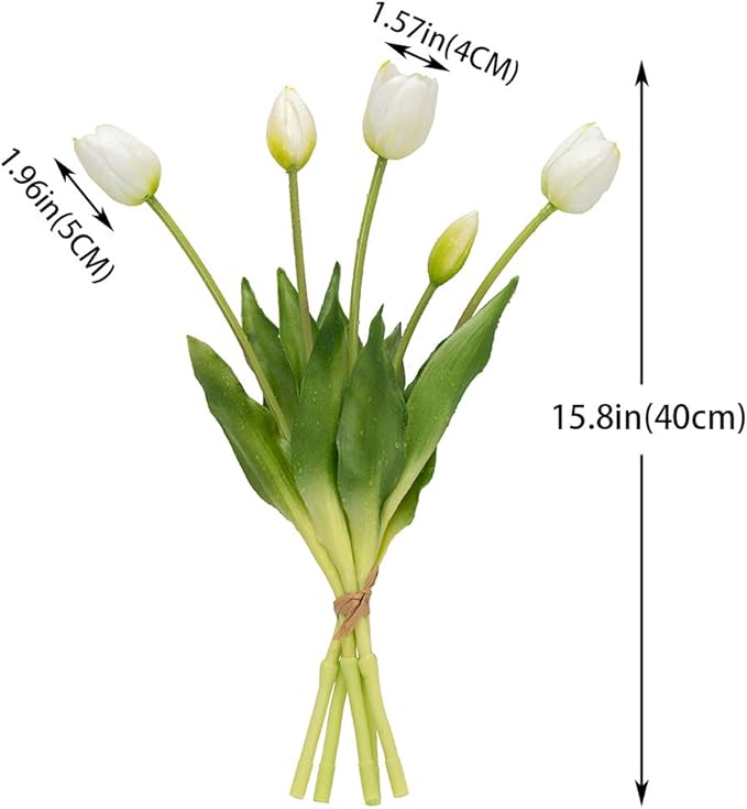 40pcs Artificial Tulips Flowers, Real Touch Latex Bouquet, Fake Tulips for Office Wedding Party Home Kitchen Garden Decoration(White Suit 40pcs)