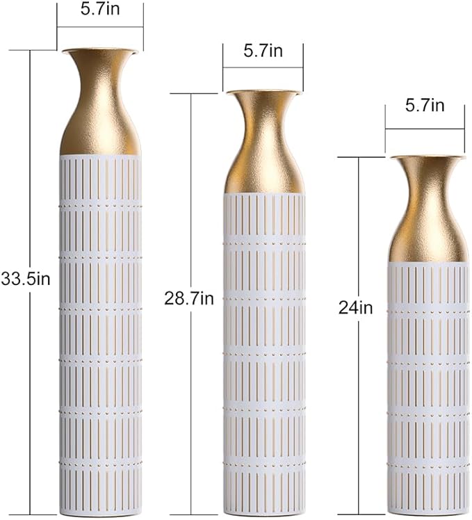 Floor Oversized Gold Metal Decorative Vase with 3D Triangle Pattern Set of 3 Large Vases for Home Living Room 33.5 ", 29.5 ", 25.2" High (Retro White)