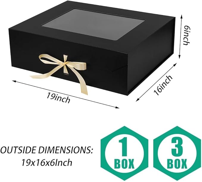 Black Extra Large Gift Box for Presents with Ribbon 16.5x13x5.3 Inches Clear Gift Box with Window Magnetic Closure Gift Boxes with Lids