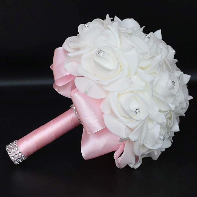 Wedding Bouquet, Pink Bouquet for Bride Bridesmaid with Diamond Soft Ribbons, Artificial Rose Bridal Holding Flowers for Party Church