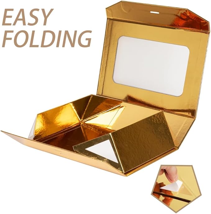 5 Pcs Gold Gift Box for Presents with Ribbon 10.8x7.5x3.5 Inches Clear Gift Box with Window Magnetic Closure Gift Boxes with Lids